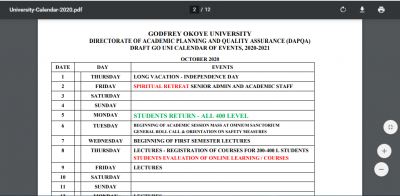 Godfrey Okoye University academic calendar for 2020/2021 session