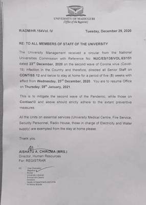 COVID-19: UNIMAID notice to staff of the institution