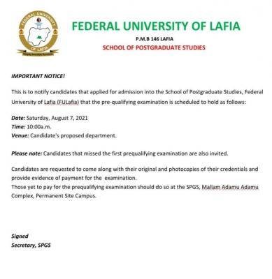 FULAFIA postgraduate qualifying examination, 2020/2021