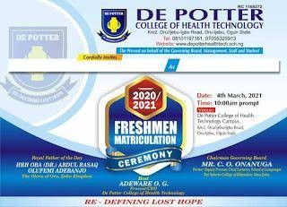 De Potter College of Health Tech. announces matriculation ceremony, 2020/2021