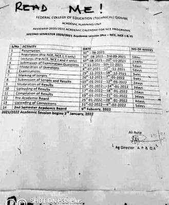 FCE Gombe approved academic calendar, 2020/2021