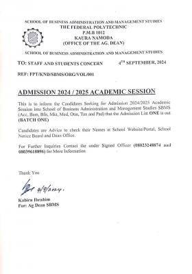 Fed Poly, Namoda 1st batch admission list for School of Business & Mgt. Studies, 2024/2025