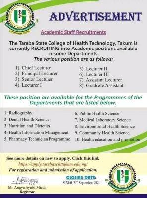 Taraba State College of Health Tech. Takum announces vacancies