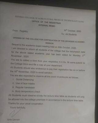 Federal College of Agricultural Produce Technology announces resumption date