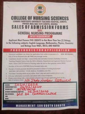 UDUTH announces admission into General Nursing, 2024/2025