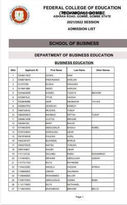 FCE (T) Gombe addendum admission list for NCE I 2021/2022 academic session