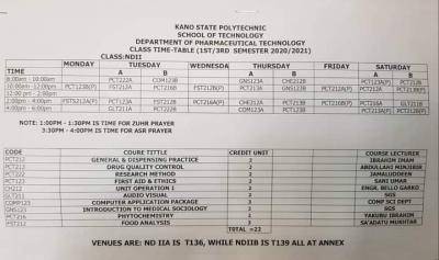 Kano Poly 1st/3rd semester lectures timetable, 2020/2021