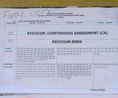 ABSU 2nd semester examination timetable (Final copy), 2021/2022