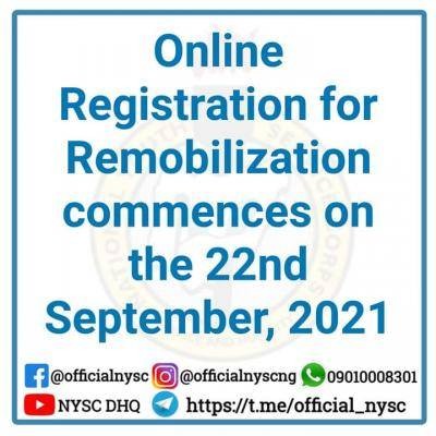 NYSC notice on commencement of online registration for remobilization