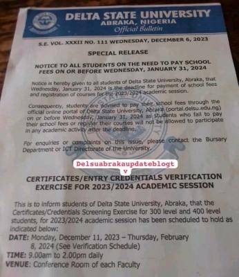 DELSU notice to students on payment of school fees