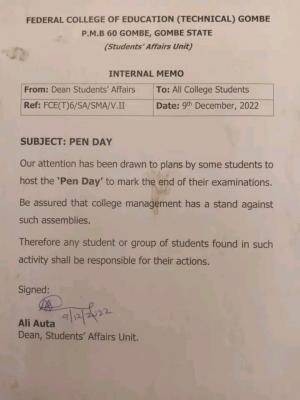 Federal College of Education (Technical), Gombe bans "PEN DAY" celebration by students