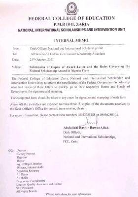 FCE Zaria notice to all Successful Federal Government Scholarship Awardees