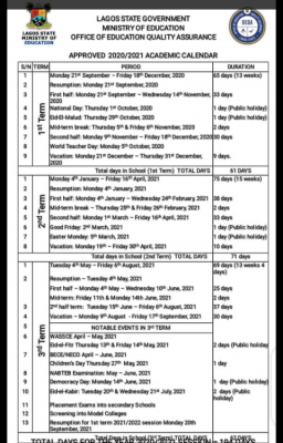 Lagos State Primary and Secondary Schools' Calendar for 2020/2021