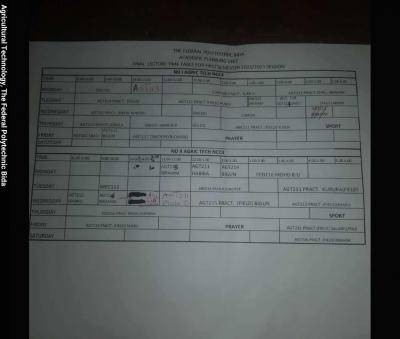 Federal Polytechnic Bida Lecture Time Table for 1st semester, 2022/2023