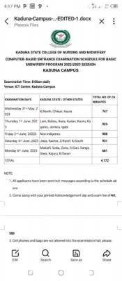 Kaduna State College Of Nursing and Midwifery CBT entrance exam schedule for 2022/2023 session