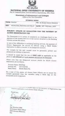 NOUN update on modalities for the payment of Alumni Registration