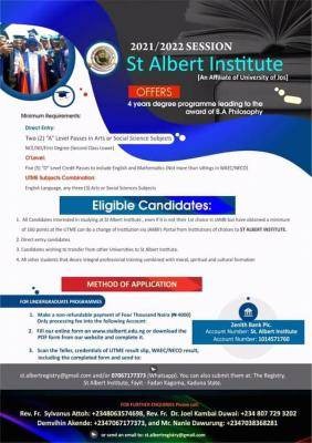 St. Albert institute (affiliated to UNIJOS) Post-UTME/DE 2021: Eligibility and Registration Details