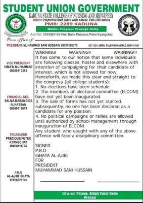 Kaduna State College of Nursing and Midwifery SUG important notice to all students