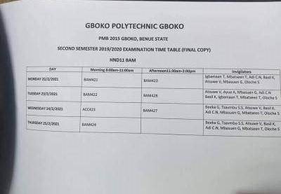 Gboko Polytechnic HND II BAM 2nd semester exam time table