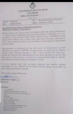 UNICAL notice on resumption to officers on CONTISS 12 and above