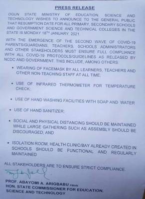 Ogun State Ministry of education notice on resumption of schools