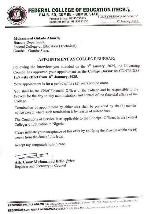 Fed College of Education Technical, Gombe appoints new bursar