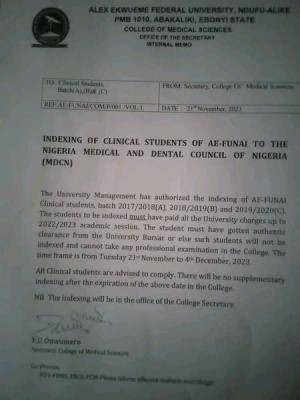 AE-FUNAI notice to clinical students on MDCN indexing