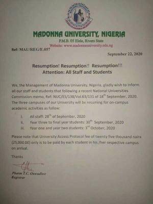 Madonna University announces resumption of academic activities