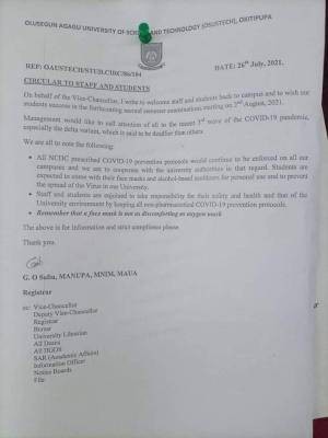 OAUSTECH notice to all students on 3rd wave COVID-19