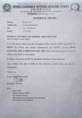 Fed Poly Nasarawa notice on payment of fees to engineering students