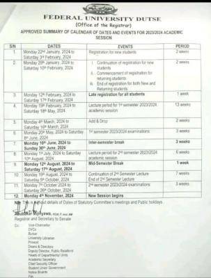 Fed University Dutse approved academic calendar, 2023/2024