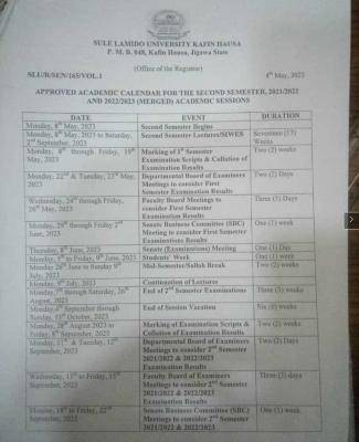 SLU approved academic calendar for 2nd Semester, 2021/2022 & 2022/2023