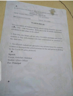 Kano State College of Health Science  notice on temporary closure due to WAHEB exam