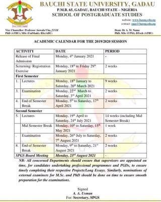 Bauchi state university post-graduate 2019/2020 academic calendar