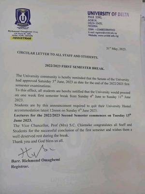 UNIDEL notice on first semester break, 2022/2023