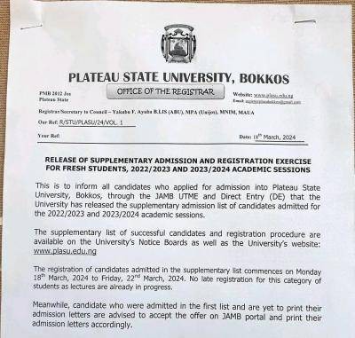 PLASU releases supplementary admission & registration exercise, 2022/2023 & 2023/2024