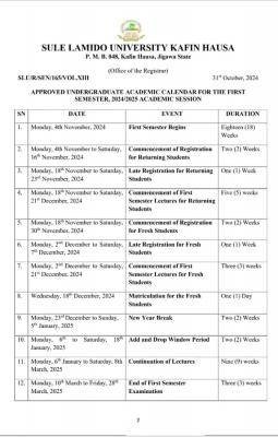 Sule Lamido University (SLU) releases first semester academic calendar, 2024/2025