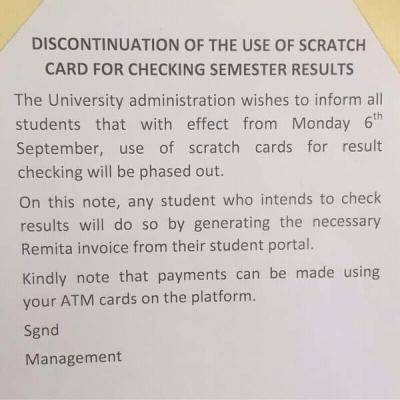 UNN notice to students on discontinuation of the use of scratch card for checking semester results