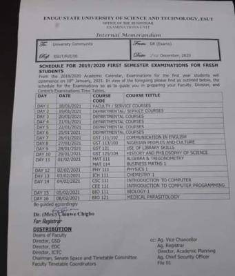 ESUT 1st semester examination schedule, 2019/2020 for fresh students