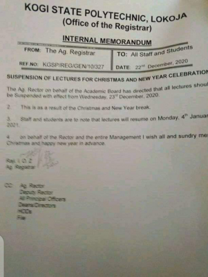 Kogi State Polytechnic notice on Christmas break