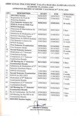 AbdulGusau Polytechnic approved academic calendar, 2021/2022