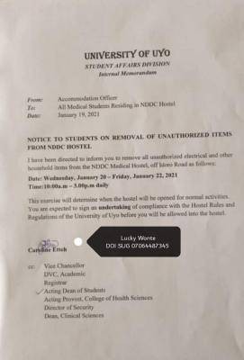 UNIUYO notice to students residing in NDDC medical hostel