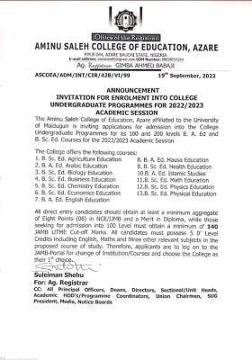 Aminu College of Education, Azare- UNIMAID degree admission form, 2022/2023