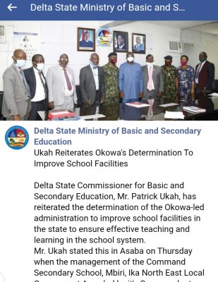 Delta State reiterates Okowa's determination to improve school facilities