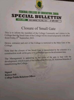 FCE, Zaria notice to the College community