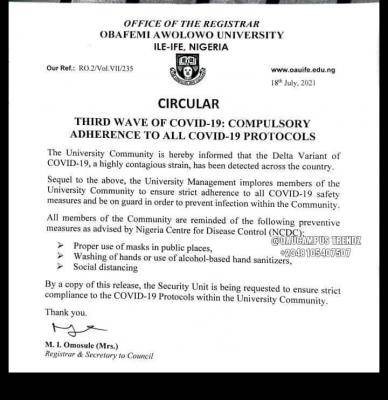 OAU releases fresh guidelines for staff and students amidst third wave covid-19