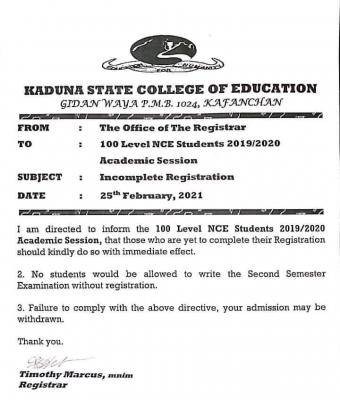 Kaduna State COE notice to 100L NCE students yet to complete registration