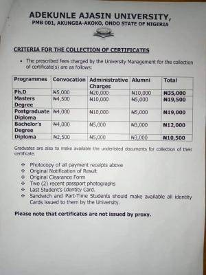 AAUA notice to graduates on certificate collection fees