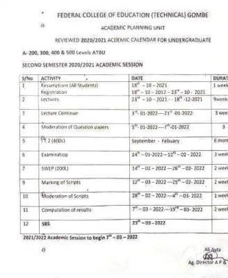 FCE Gombe (ATBU Affiliated) second semester calendar for 200L to 500L