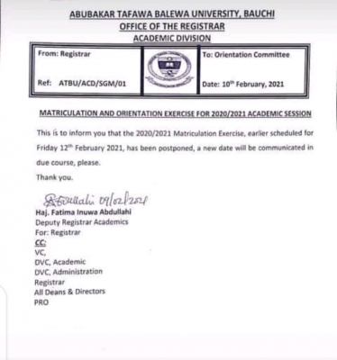 ATBU postpones matriculation ceremony for 2019/2020 session